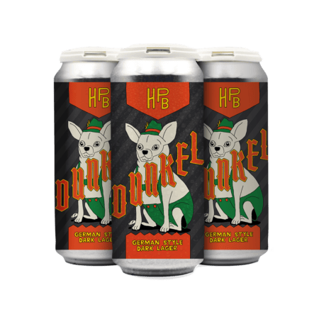 Four cans of Dunkel (Schilling Collab) German-style dark lager feature a white dog in a green outfit and hat, with bold orange text “Dunkel” and “HPB” on a dark, striped background.