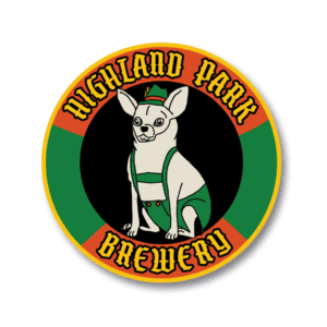 Dunkel Sticker (2 pack) featuring a circular Highland Park Brewery logo with a chihuahua wearing green suspenders and a hat, accented by a black, green, orange, and yellow border.