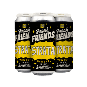 Three cans from a four-pack of “Fresh Friends: Fresh Hop Strata” beer, featuring bold black, yellow, and white labels with dynamic star graphics and cartoonish text proclaiming “Newest in Hop Innovation.”. Three cans from a four-pack of “Fresh Friends: Fresh Hop Strata” beer, featuring bold black, yellow, and white labels with dynamic star graphics and cartoonish text proclaiming “Newest in Hop Innovation.”.