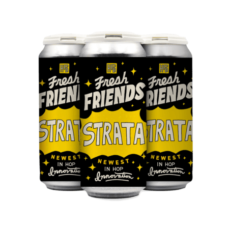Three cans from a four-pack of “Fresh Friends: Fresh Hop Strata” beer, featuring bold black, yellow, and white labels with dynamic star graphics and cartoonish text proclaiming “Newest in Hop Innovation.”.