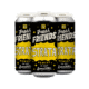 Three cans from a four-pack of “Fresh Friends: Fresh Hop Strata” beer, featuring bold black, yellow, and white labels with dynamic star graphics and cartoonish text proclaiming “Newest in Hop Innovation.”.