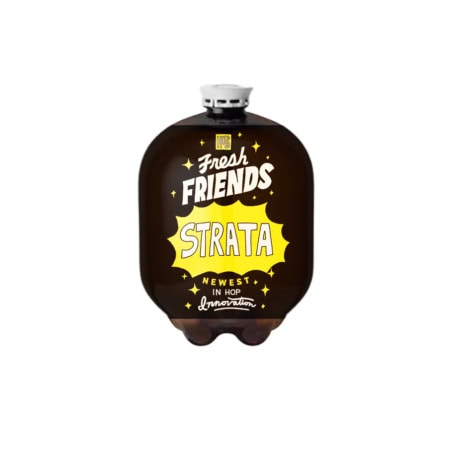 A dark brown bottle labeled “Fresh Friends: Fresh Hop Strata (10L Oneway Recyclable Keg)” with yellow and white text and star accents on a white background.