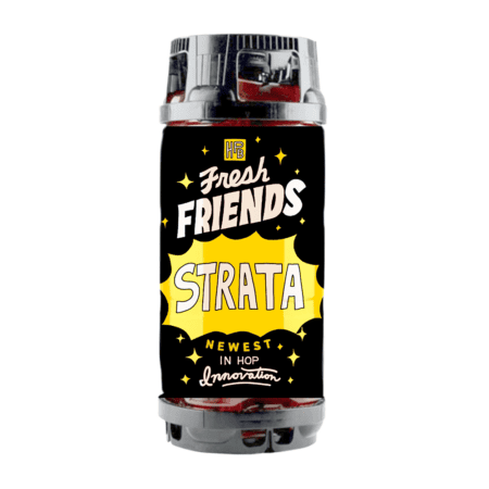 A black beverage can with a metallic top, labeled “Fresh Friends: Jackson (20L Oneway Recyclable Keg) (Copy)” in bold white and yellow text, with star accents on the label.