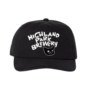 Sad Cat Hat: A black cap featuring “Highland Park Brewery” in white above a minimalist cat face illustration.