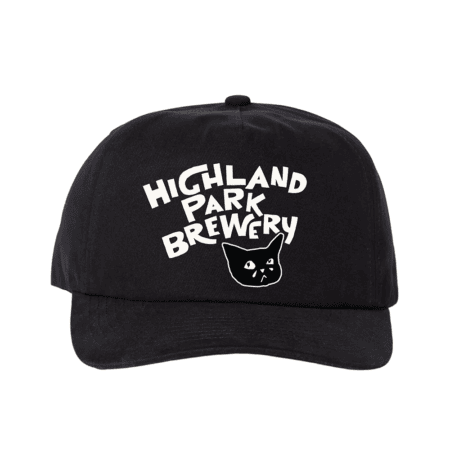Sad Cat Hat: A black cap featuring “Highland Park Brewery” in white above a minimalist cat face illustration.