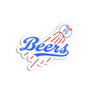 A white “Beers Baseball Sticker (2 pack)” features a baseball with red seams, “1/18” written on it, and red motion lines soaring above the word “Beers” in bold blue script.