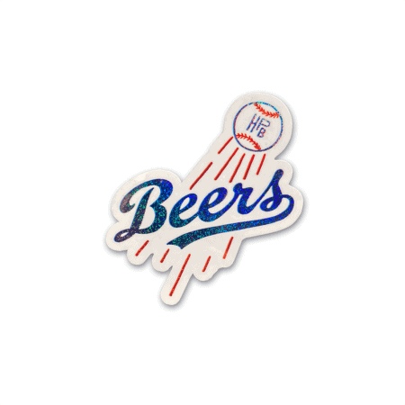 Beers! Baseball Pixie Dust Sticker (2 pack): Features the word “Beers” in blue script, a baseball marked with “HFB,” and red lines representing the ball’s motion above the text, all set against a white background.