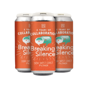 Four orange cans labeled “5 Years of Collaboration: Breaking Silence” DDH West Coast Pilsner, with speech bubble graphics and white text, are arranged in a group against a light background. Four orange cans labeled “5 Years of Collaboration: Breaking Silence” DDH West Coast Pilsner, with speech bubble graphics and white text, are arranged in a group against a light background.