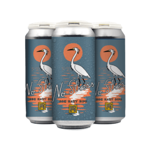 Three beer cans labeled “No Stress” with a heron, sunset, and water reflection design. The cans have a blue background and a modern, artistic style. The HB brewery logo appears at the bottom of each can. Three beer cans labeled “No Stress” with a heron, sunset, and water reflection design. The cans have a blue background and a modern, artistic style. The HB brewery logo appears at the bottom of each can.