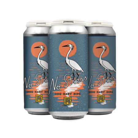 Three beer cans labeled “No Stress” with a heron, sunset, and water reflection design. The cans have a blue background and a modern, artistic style. The HB brewery logo appears at the bottom of each can.