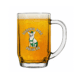 A glass beer mug filled with golden beer features a cartoon dog wearing a green scarf and the words “Dunkel Stein” on the front.