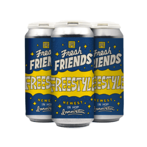 Three blue and yellow cans of “Fresh Friends Freestyle” craft beer are arranged together. The label says “Newest in hop innovation” with stars and bold, playful lettering on each can. Three blue and yellow cans of “Fresh Friends Freestyle” craft beer are arranged together. The label says “Newest in hop innovation” with stars and bold, playful lettering on each can.