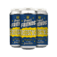 Three blue and yellow cans of “Fresh Friends Freestyle” craft beer are arranged together. The label says “Newest in hop innovation” with stars and bold, playful lettering on each can.