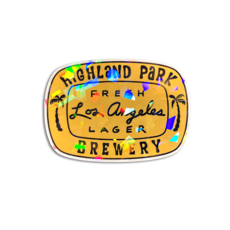 A holographic “Beers! Baseball Sticker (2 pack)” featuring “Highland Park Brewery” and “Fresh Los Angeles Lager” text, decorated with palm trees and vibrant reflective shapes on a yellow background.