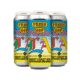 Three cans of “Fresh Hop Hello” West Coast IPA with colorful, retro-style labels featuring vibrant yellow, red, pink, blue, and green text and graphics. The label mentions Mosaic and Citra hops.