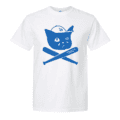 Sad Cat Bats Tee: White t-shirt featuring a blue graphic of a cat wearing a baseball cap with “LA,” sitting above two crossed baseball bats—one labeled “Highland Park Security.”.
