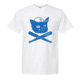 Sad Cat Bats Tee: White t-shirt featuring a blue graphic of a cat wearing a baseball cap with “LA,” sitting above two crossed baseball bats—one labeled “Highland Park Security.”.