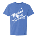 A blue Highland Park Brewery Baseball Tee featuring “Highland Park Brewery” in large white script with a small stylized baseball graphic above the text.