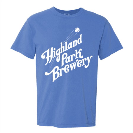 A blue Highland Park Brewery Baseball Tee featuring “Highland Park Brewery” in large white script with a small stylized baseball graphic above the text.