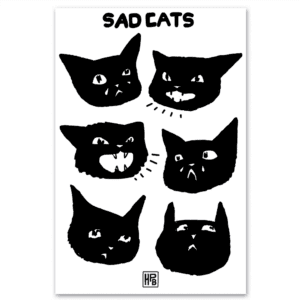 The Sad Cat Sticker Sheet features six black cartoon cat heads with a range of sad and distressed expressions, displayed in two rows on a white background with the words “SAD CATS” at the top.