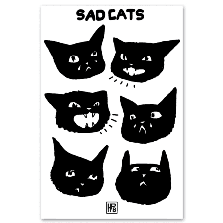 The Sad Cat Sticker Sheet features six black cartoon cat heads with a range of sad and distressed expressions, displayed in two rows on a white background with the words “SAD CATS” at the top.