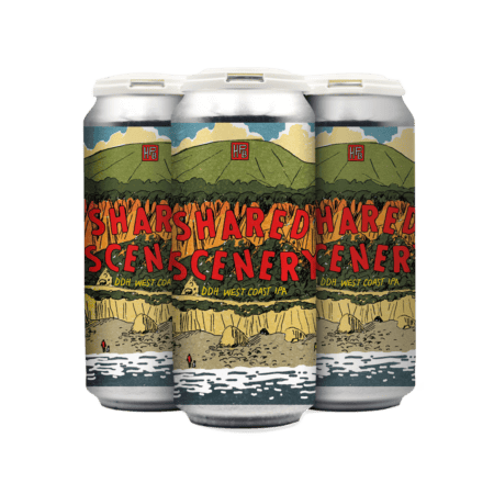 Three cans of beer labeled “Shared Scenery” with colorful, illustrated landscape artwork featuring mountains, cliffs, and water on the label. The cans stand against a plain white background.
