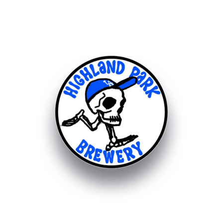 A cartoon skeleton with a blue cap and one leg runs inside a circle, surrounded by blue text reading “Highland Park Brewery.” This design appears on the Skull Dude Sticker (2 pack).