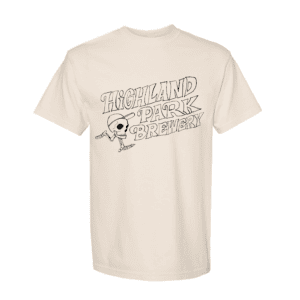 Off-white Skull Dude Tee featuring “Highland Park Brewery” in large outlined letters and a cartoon skeleton holding a mug beside the text.