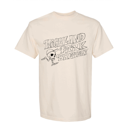 Off-white Skull Dude Tee featuring “Highland Park Brewery” in large outlined letters and a cartoon skeleton holding a mug beside the text.