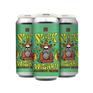 Four cans of HB Slick Wizard Grapefruit Seltzer with a colorful label featuring a cartoon wizard, yellow stars, grapefruit slices, and bold, playful text on a green background. Four cans of HB Slick Wizard Grapefruit Seltzer with a colorful label featuring a cartoon wizard, yellow stars, grapefruit slices, and bold, playful text on a green background.