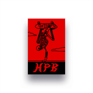 A skeleton named “Timbones” does a one-arm handstand while holding a skateboard above its head. The red background features two clouds, and “HPB” appears in bold letters at the bottom. This is the design of the Timbones Hand Plant Skater Sticker (2 pack).
