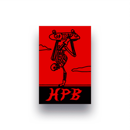 A skeleton named “Timbones” does a one-arm handstand while holding a skateboard above its head. The red background features two clouds, and “HPB” appears in bold letters at the bottom. This is the design of the Timbones Hand Plant Skater Sticker (2 pack).