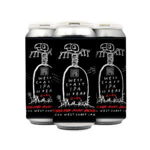 Three beer cans with black labels featuring a white skeleton dog drawing and the text “West Coast IPA is Dead 2026” in white and red. The brand, Highland Park Brewery, and other details are also displayed. Three beer cans with black labels featuring a white skeleton dog drawing and the text “West Coast IPA is Dead 2026” in white and red. The brand, Highland Park Brewery, and other details are also displayed.