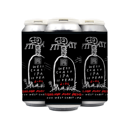Three beer cans with black labels featuring a white skeleton dog drawing and the text “West Coast IPA is Dead 2026” in white and red. The brand, Highland Park Brewery, and other details are also displayed.