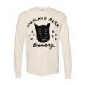 Off-white long-sleeve t-shirt with a black graphic of a multi-eyed cat and the text “Highland Park Brewery.”