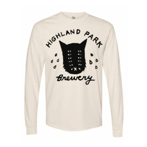 Off-white long-sleeve t-shirt with a black graphic of a multi-eyed cat and the text “Highland Park Brewery.”