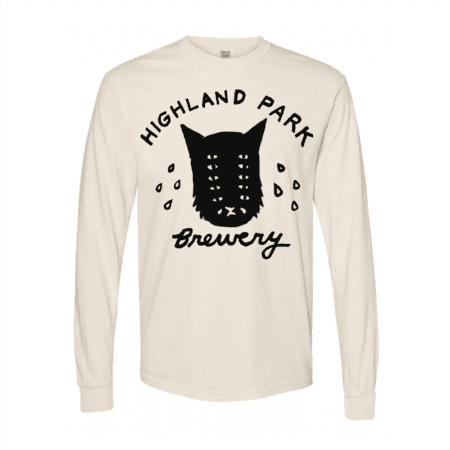 Off-white long-sleeve t-shirt with a black graphic of a multi-eyed cat and the text “Highland Park Brewery.”
