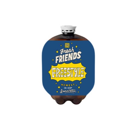 A brown ten-liter plastic Fresh Friends: Freestyle (10L Oneway Recyclable Keg) with a blue label featuring the text “Fresh Friends Freestyle” and “Newest in Hop Innovation.”.