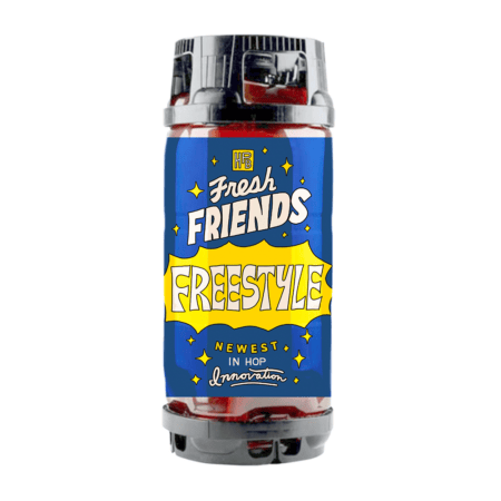 A 20-liter Fresh Friends: Freestyle recyclable keg with a blue label featuring a yellow comic-style burst that reads “FREESTYLE” below the text “Fresh Friends.”.