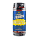 A 20-liter Fresh Friends: Freestyle recyclable keg with a blue label featuring a yellow comic-style burst that reads “FREESTYLE” below the text “Fresh Friends.”.