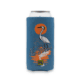 Blue No Stress Koozie foam sleeve featuring a graphic of a white heron standing in water before a large orange sun, with the text “No Stress” and a small yellow logo at the bottom.