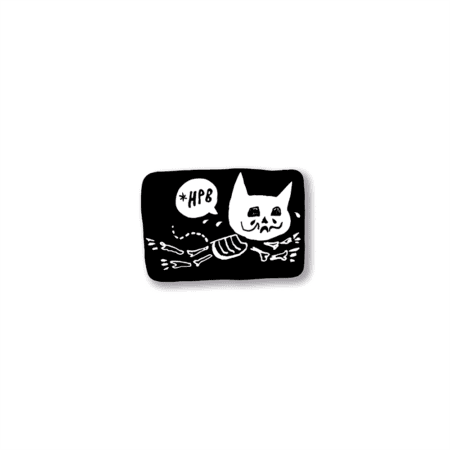 Black and white sticker of a cartoon skeleton cat with a speech bubble that says “HPB”.