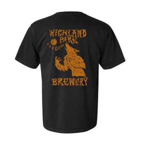 Black Werewolf Tee featuring an orange graphic of a howling werewolf facing a moon, with “HIGHLAND PARK” above and “BREWERY” below the design.